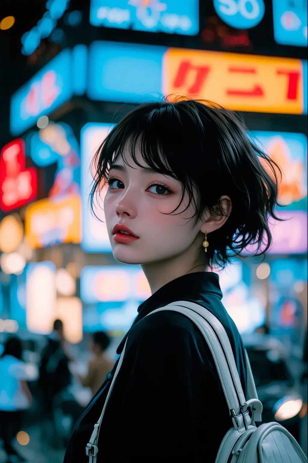 걸작, top quality, beautifully depicted eyes, ultra detail, Delicate Details, high resolution, perfect anatomy,  colorful , pastel colors, 1 female, alone, City Pop Illustration, City Pop Art ,  simple background,  retro style, Vaporwave City Pop, 1980s City...