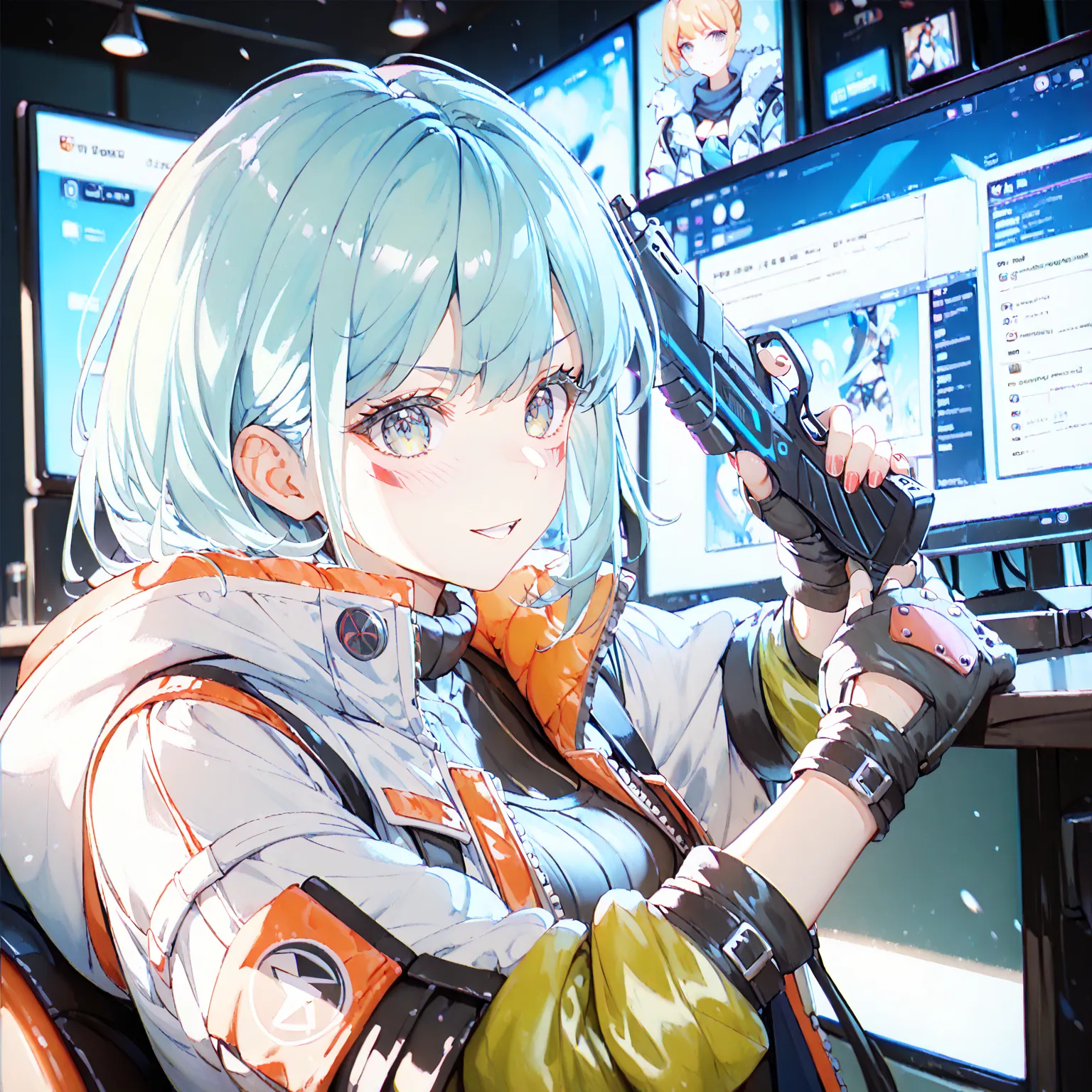 FPS game-like screen、An arm holding a gun in front of the screen、Apex Legend-like game screen、The Enemy of the Ono、UI like an FPS game