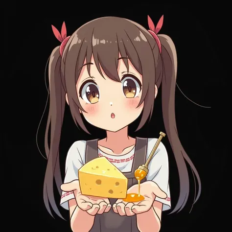 Black background. White outline, anime girl with cheese and honey in her hands