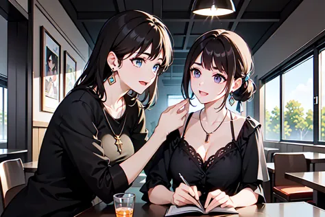 Two women are having a fun conversation in a restaurant,not looking at the camera,Salad on the table、drink, angle looking up at an angle from below,Woman on the Right :Look left、manicured eyebrows、 rich breasts、 style、in the ruins、Light purple thin eyes、Yo...