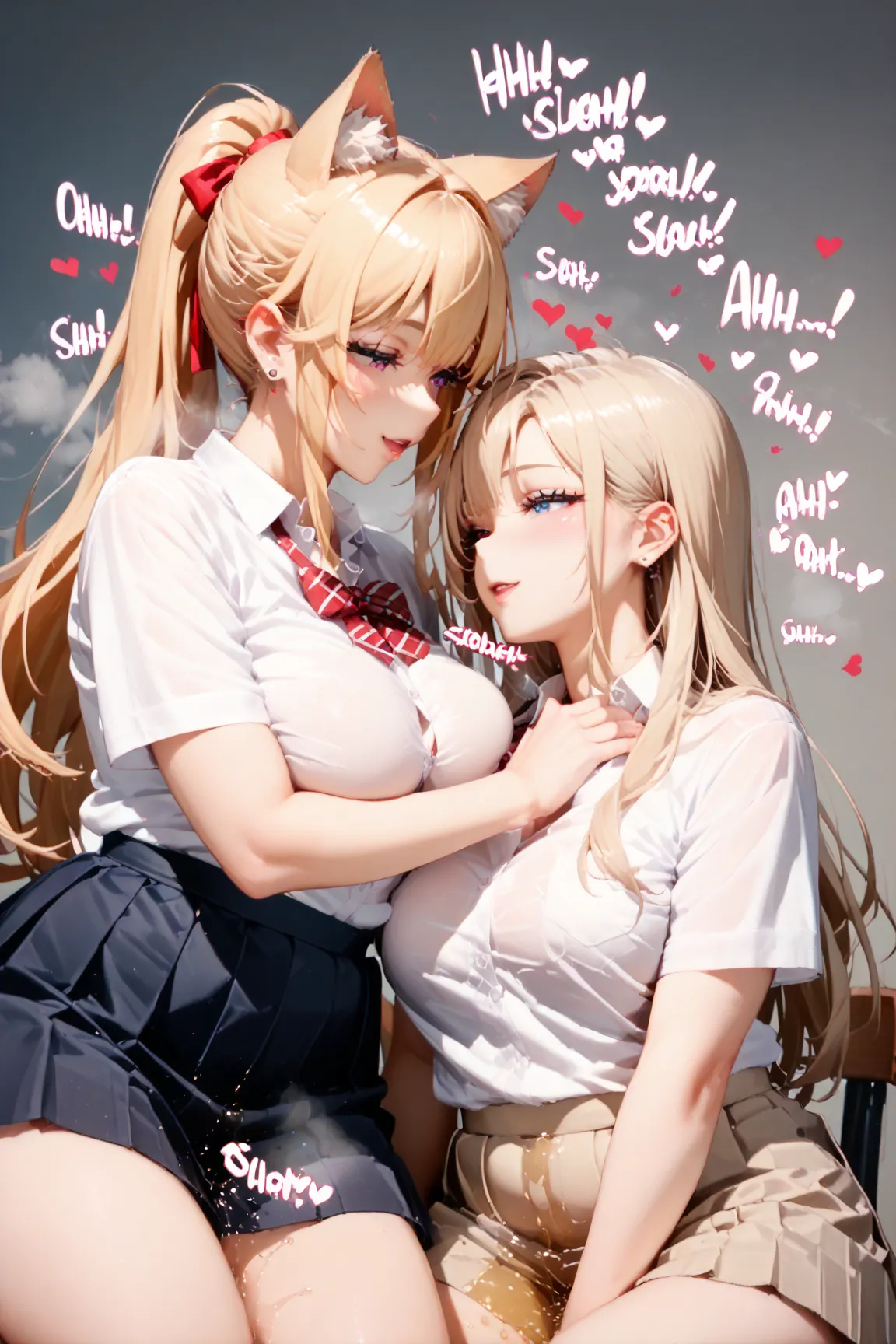 top quality, masterpiece,  8k, (2girls in:1.3), Beautiful girls, Cat ears, Female school uniform, (lesbian:1.2), White long hair, Blonde Ponytail hair, Steaming, Plump breast, pushing breast, 
Peeing stain, (Lots of hearts:1.3), (English sound effects:1.7)...