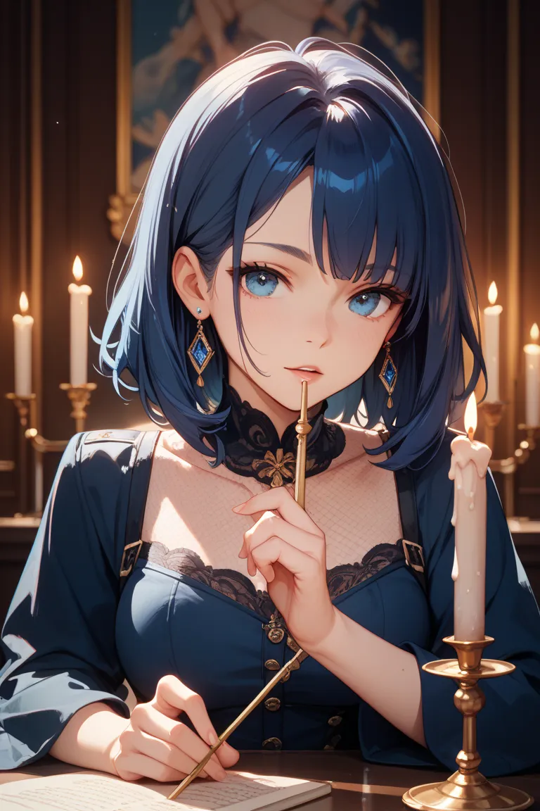 dark blue hair、blue eyes、Candlestick、medium hair、counselor