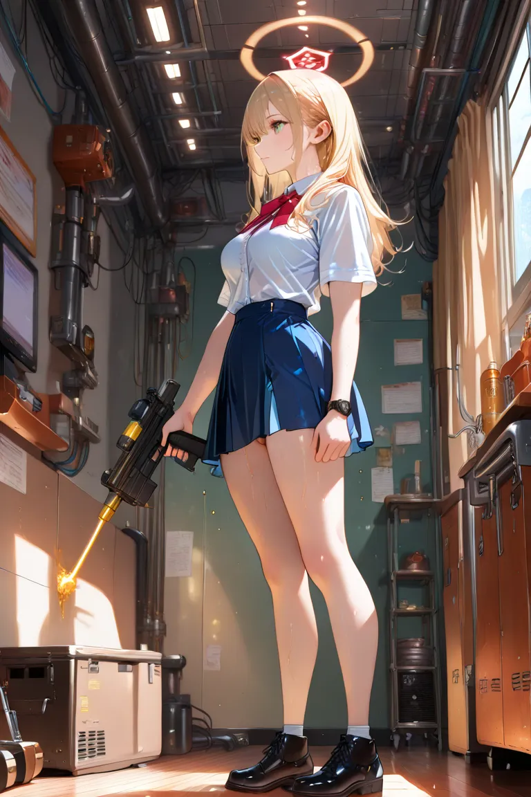 anime - style illustration of a woman in a red and gray high school uniform, laser GUN action video game character, holding a GUN, official character art, full body, female action anime girl, sweaty, factory area, (masterpiece:1.2), (best quality:1.2), (ve...