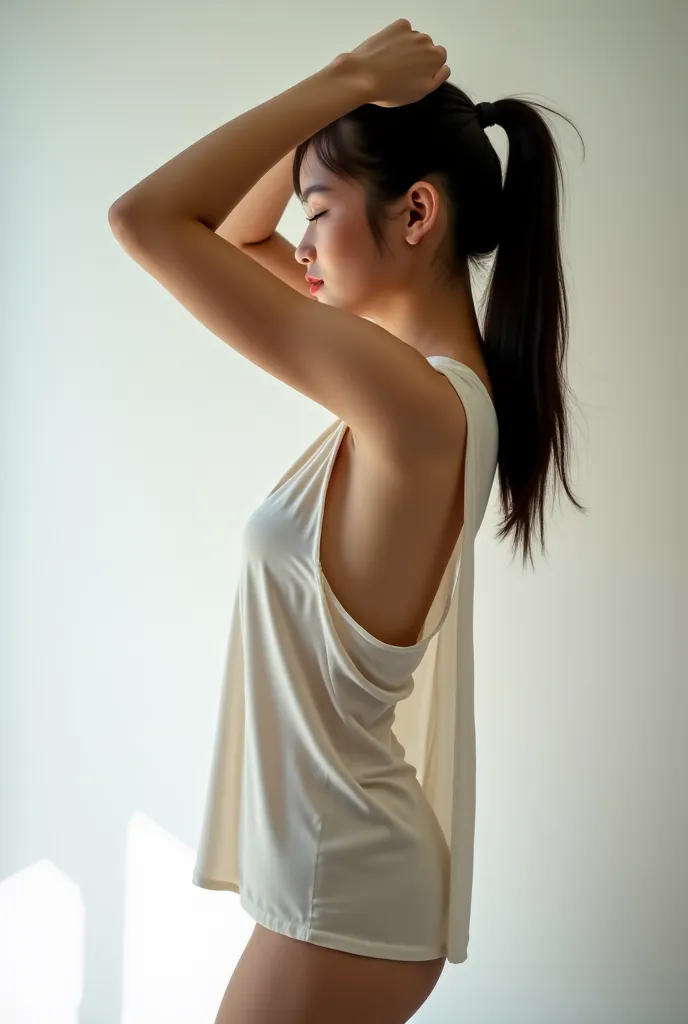 "A young feminen Asian fit but not muscular woman with a  side view, standing with her body subtly turned. She is tying her hair into a ponytail with both hands raised above her head ,extend her tricep up, making her armpits visible. She wears a loose, dro...