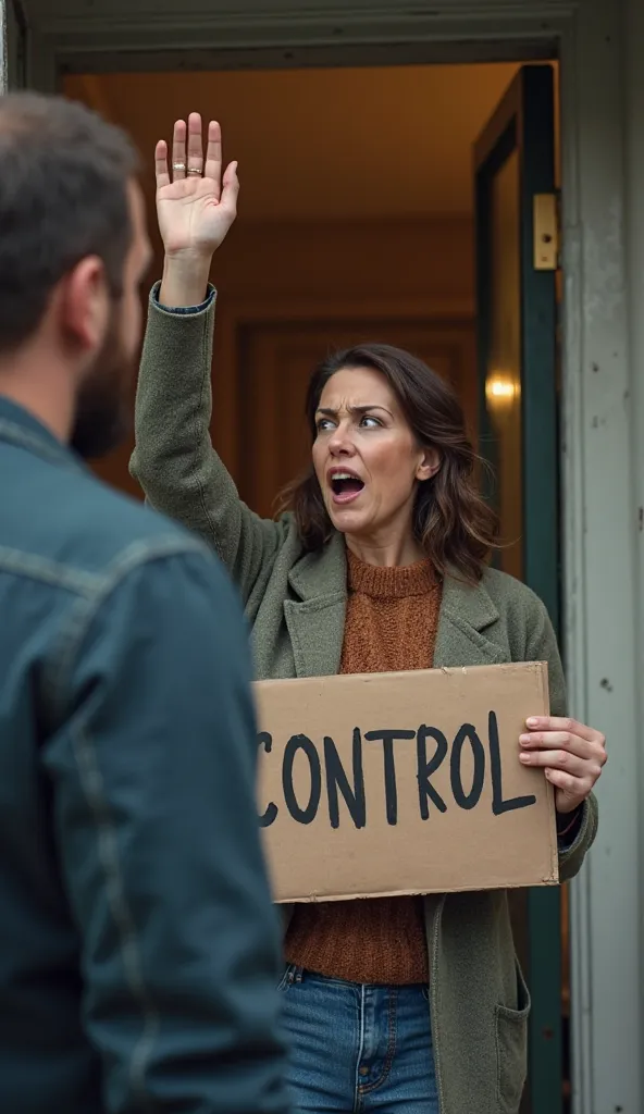 an angry wife is standing at the doorstep, looking at her husband with a shrill angry look, meets her husband, raised her hand up holding a sign with the inscription "control", realistic photo