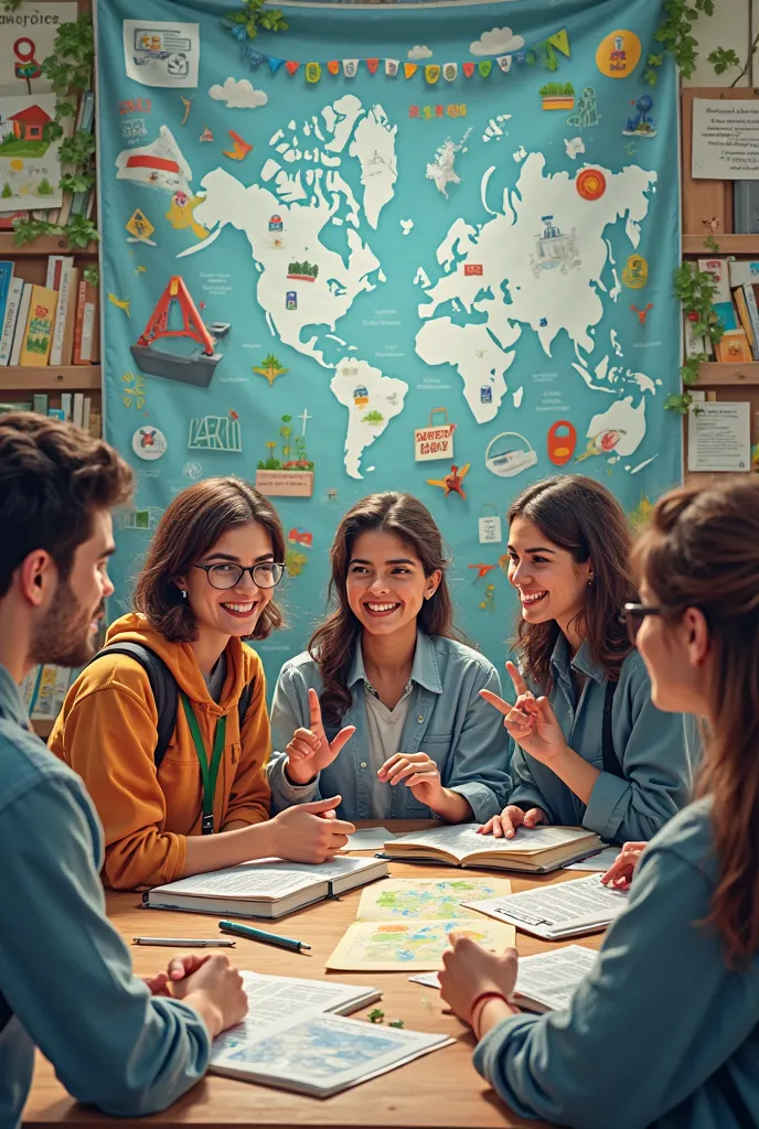 "A vibrant university student society promoting Disaster Management and Rural Development. The image features a diverse group of passionate students in an academic setting, engaged in discussions, research, and community outreach activities. A banner in th...