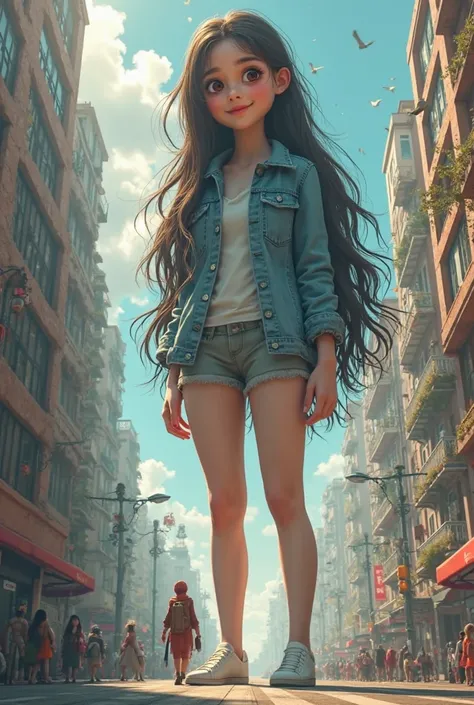 A  girl is as tall as a skyscraper friendly smile beautiful long hair 