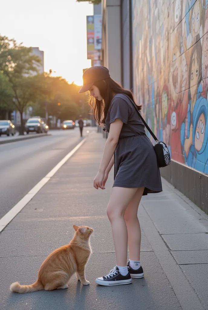 Side view, make me hd picture, a beautiful Korean girl, a little fat. long black wavy hair wearing a black snapback hat wearing a dark gray short dress, carrying a black and white bag on her side shoulder wearing black and white sneakers. standing bent ove...