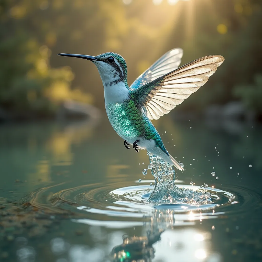 Realstick hummingbirds, "A tiny hummingbird made entirely of water, shimmering in the sunlight as it flutters above an enchanted lake, leaving ripples in the air."