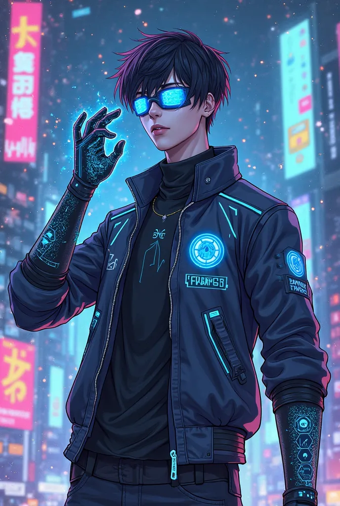 Create a high-definition, sharp, and futuristic anime-style character representing the spirit of cryptocurrency. The character, named **Francis™️**, is a sleek, cyberpunk-inspired figure with glowing blue eyes, symbolizing blockchain transparency. He wears...