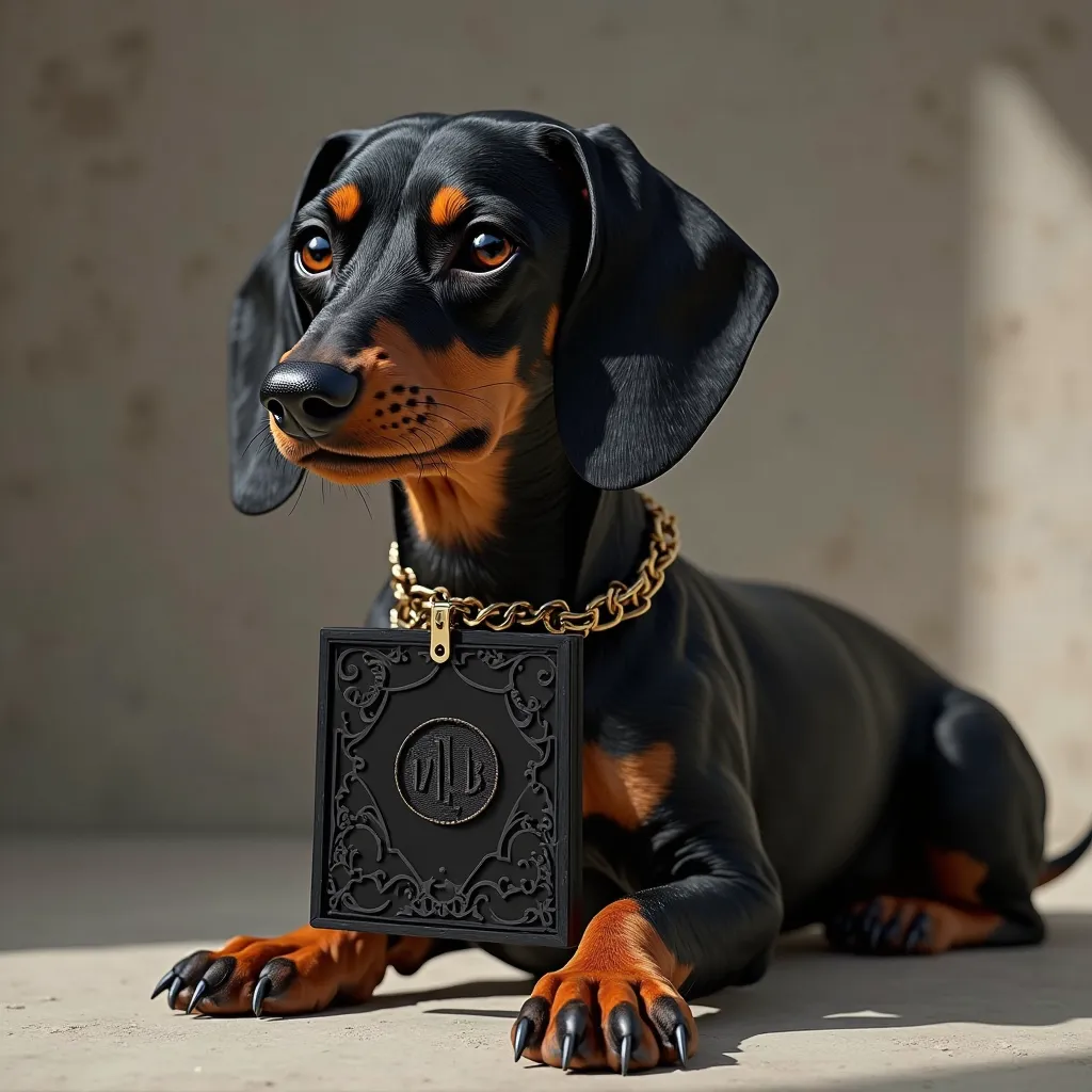 draw a black marble dachshund with cryptocurrency black nobel card\ 