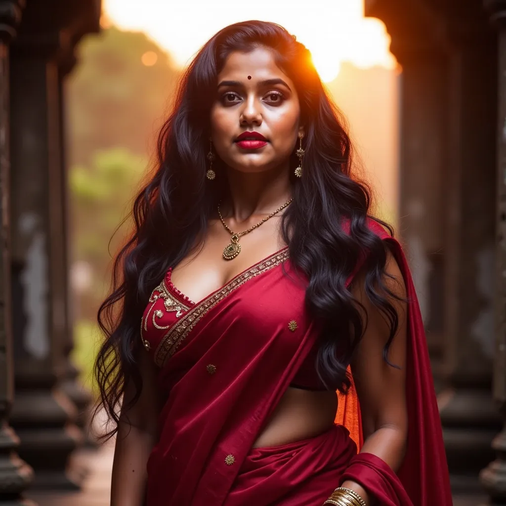 Ultra-HD 8K cinematic portrait of a voluptuous Tamil woman with an exaggerated hourglass figure, dressed in a deep crimson silk saree with a daringly low-cut blouse that highlights her sculpted curves. The fabric clings to her form, catching the golden-hou...