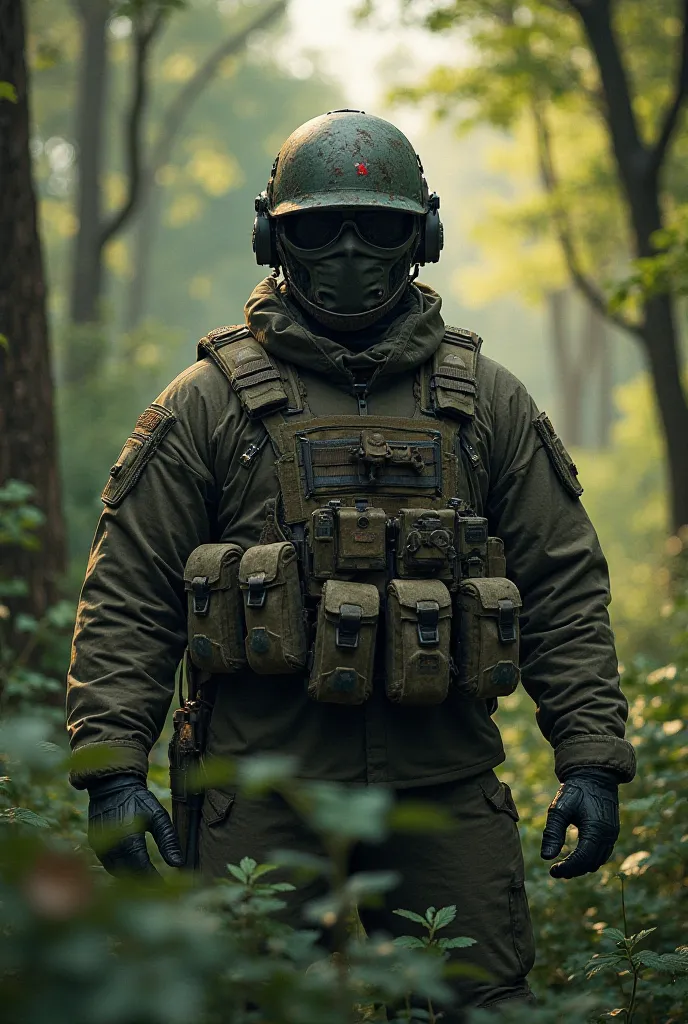 A soldier in the forest wearing an Altyn helmet