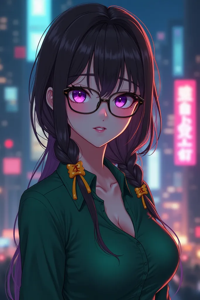 (night:1.7), modern apartment, High level,  cityscape, 在窗forward,
stand at attention,No doubt,
Green Shirt,long sleeve, Rift, clavicle,
 glasses,brown hair,purple eyes,braid,single braid,yellow hair accessories ,
1 girl, 20 years old, young women, Beautifu...