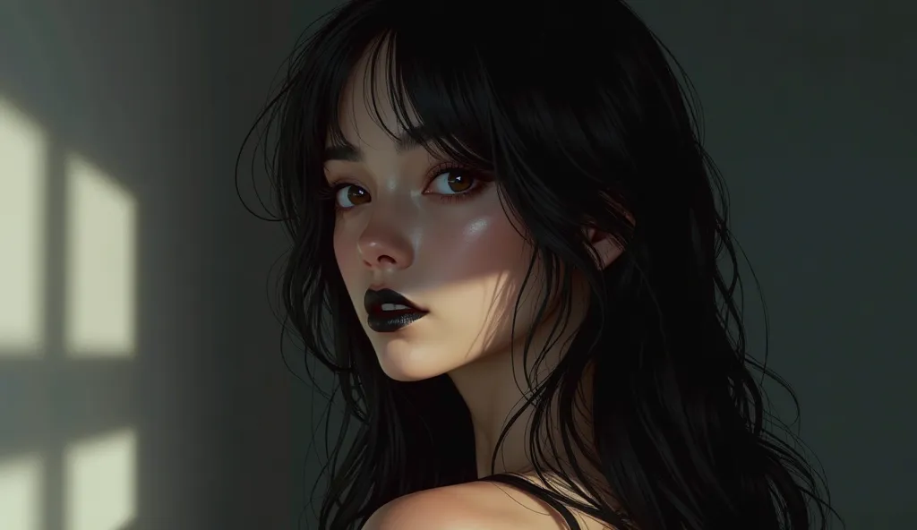 ((RAW Photo), absurd, (absurdresolution)), masterpiece, best quality, (Extremely detailed 8k unity CG wallpaper), (best illustration), (best shadow), Realistic lighting, beautiful detailed glow, ((21 years old)), girl, long black hair, black quee lipstick,...