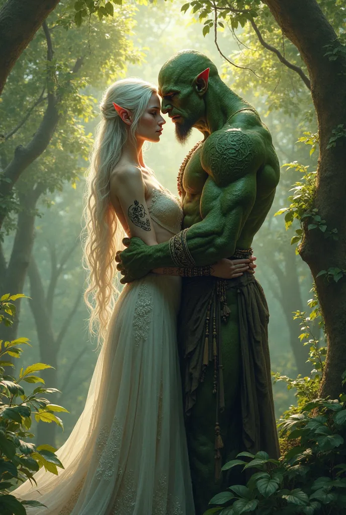 A young white-haired black elf embraced with a beautiful young orc