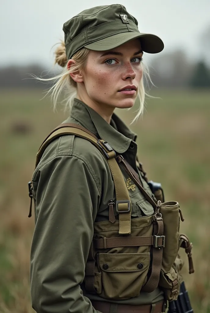 Appearance: Evelyn broad shoulders sligthly muscular, athletic build, built from years of outdoor work. Her sharp green eyes are constantly scanning, always calculating. She keeps her blond hair tied back in a tight bun, hidden beneath her field cap. Her f...