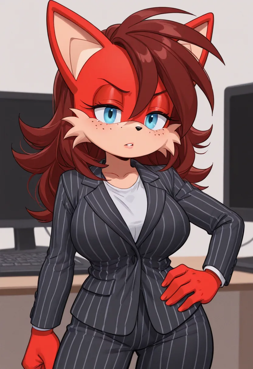 a woman in a suit poses for a picture next to a computer, 1girl, solo, pinstripe suit, formal, suit, freckles, striped, breasts, brown hair, pinstripe pattern, hand on hip, long hair,Fiona The Fox_\(Sonic\), Red-Beige Fur, Light Blue Eyes, Maroon Hair, Fox...