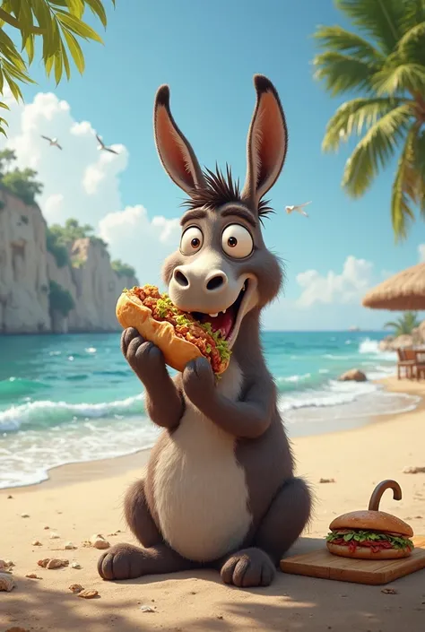 Donkey eats shawarma on the seashore