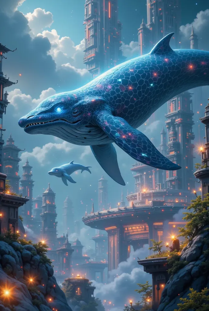 "a giant flying whale soars through the sky, behind it. The city is a futuristic city built behind it,  glowing neon , And a floating platform, similar to an online fantasy world. that captures the grandeur of whales and details of the cityscape {x} The wh...