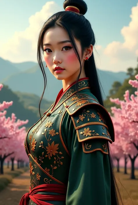 A realistic depiction of Mulan, a beautiful and determined young woman with fair skin, sharp almond-shaped brown eyes, and long straight black hair tied back into a simple yet practical style. She wears her iconic traditional Chinese warrior armor with int...