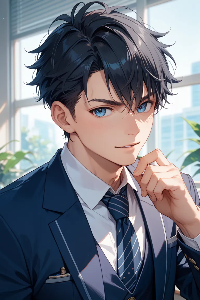 anime style、 man、handsome、 high school student、The uniform is a blazer and the tie is blue、 my eyes are blue、black hair short、Straight face