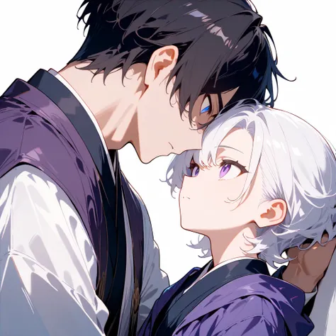 masterpiece, high score, great score, absurdres,
bishonen, twink,
2boys, yaoi, male/male,big dom small sub, height difference, age difference,white hair, short hair,side-parted,toned,twink,purple eyes,dark purple haori,BREAK,black hair,slim,(petite:0.8),bl...