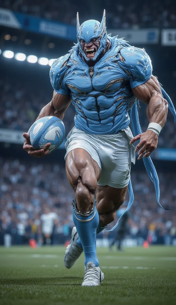 "An ultra-realistic cinematic image of a powerful great white shark warrior rugby player in a full baby blue and white uniform. The great white shark warrior has a muscular humanoid form with distinct shark-like features, including sharp teeth, a sleek yet...