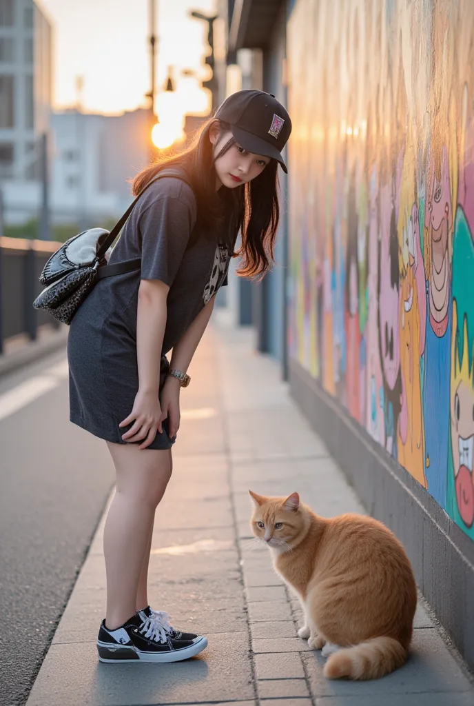 Side view, make me hd picture, a beautiful Korean girl, a little fat. long black wavy hair wearing a black snapback hat wearing a dark gray short dress,girl's gaze towards the camera,  carrying a black and white bag on her side shoulder wearing black and w...