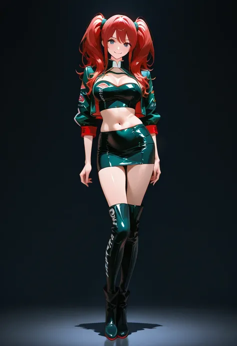 race queen,full body,tight skirt,Belly button exposed,jacket,the background is black, Smile, red hair ,long boots,long hair, ponytails for beautiful people, Visa Cash Up Racing Bulls Formula 1 Team,