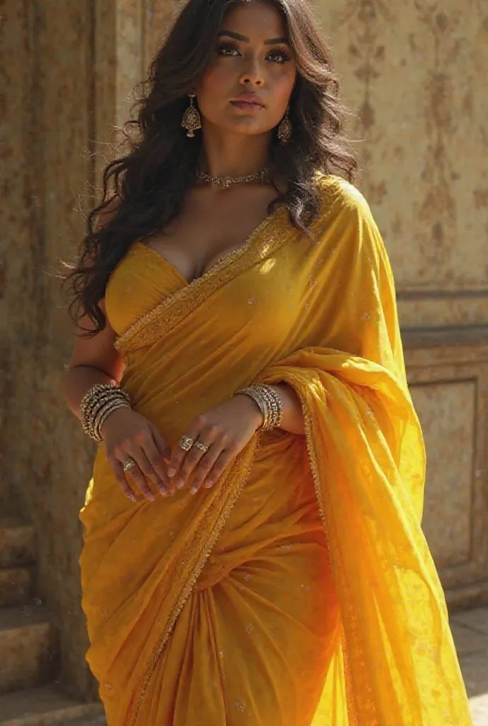 Draw a  curvy woman wearing yellow saree without blouse with revealing her big breast 