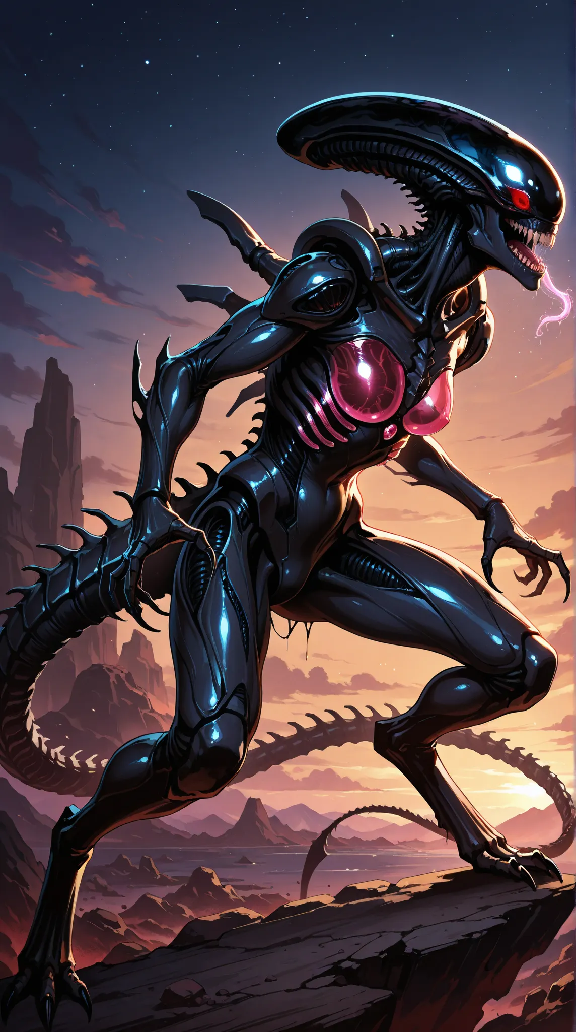 Beautiful Female Xenomorph,  photorealistic style, creature, science fiction, dark, Textura elegante, glowing exoskeleton, biomechanical design, Cabeza alargada, elongated jaw, sharp teeth,  penetrating black eyes , cuerpo delgado, Biomechanical tail, tran...