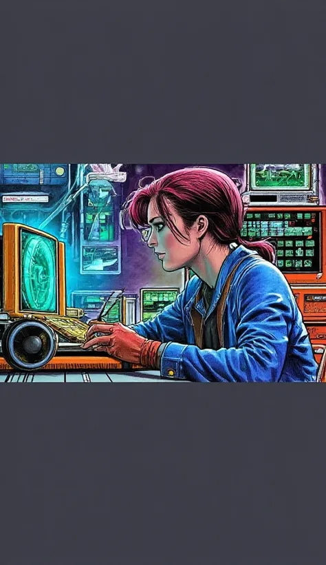 Ultra Detail 2D Portrait of  Amy Steel Pulitzer as a Mad Scientist from 31st Century,doing Alot of research on a Hugh computer in a laboratory, Character Design and Illustration by William Cobb and Bengus