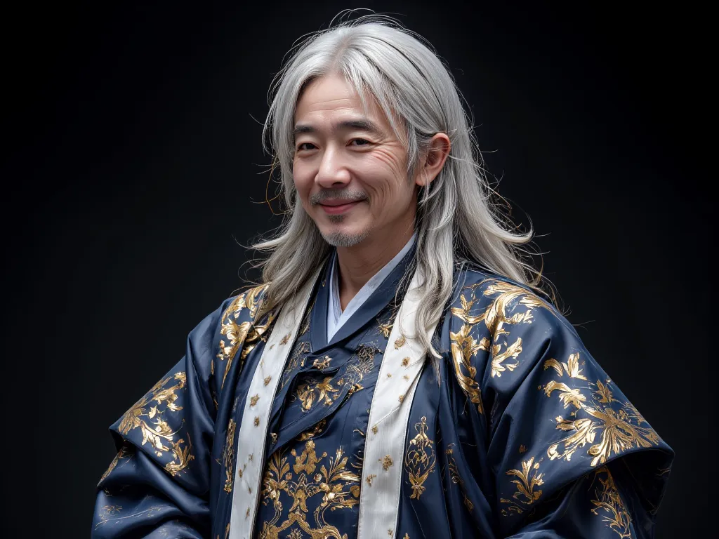 Old Man Wearing Antique Chinese Dress, White Gray Hair , Golden Hair Embroidery Powder, Wear a vintage Chinese dress in the color of the navy of gold, Multi-sharp,  Happy smile, wide smile injection, Curved, Co-ordinate Respect, Submissive manners, Flatter...