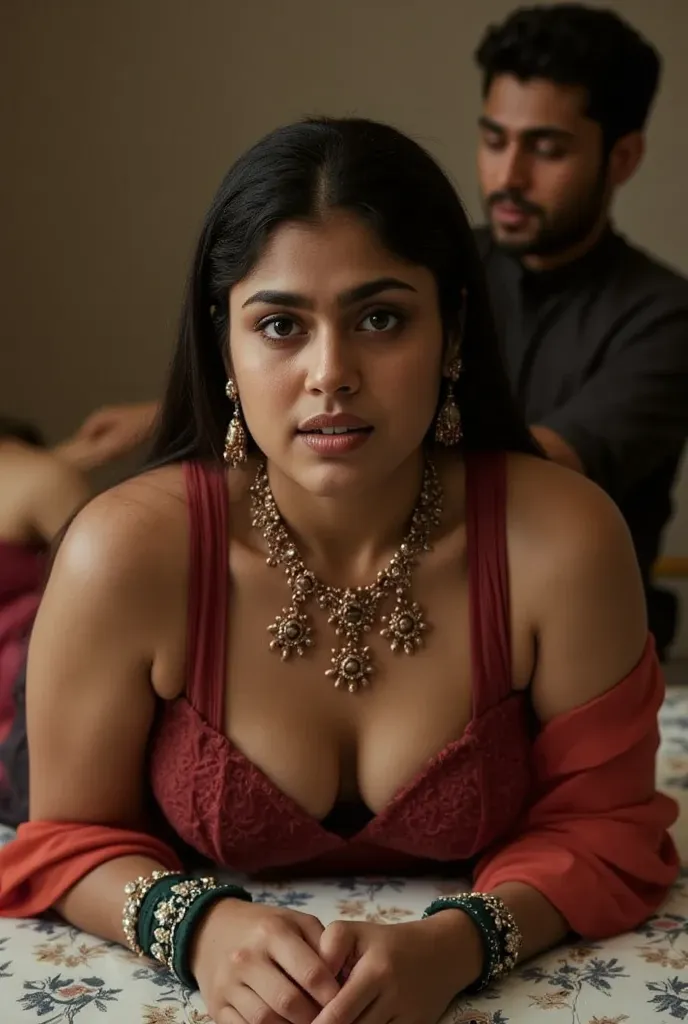 Indian man fucking a Indian woman in doggy style. Woman dressed green colour low neck blouse, deep cleavage, 60DDD Breast,head cover with hijab, looking at viewer, side angle shoot. 