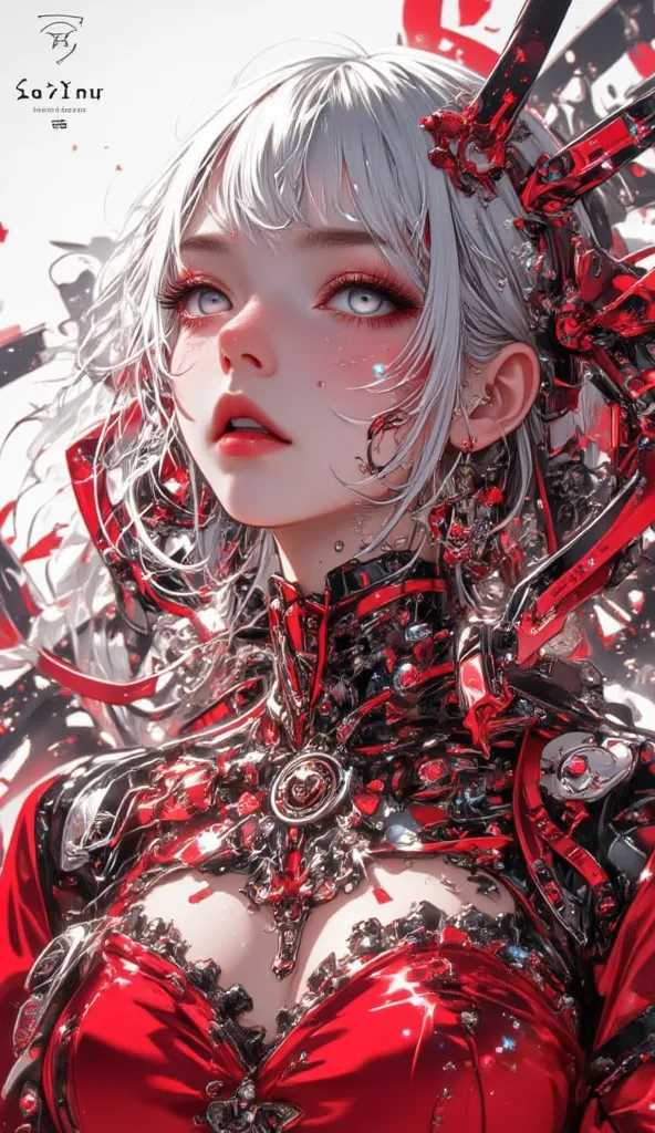 warm white hair 、 high definition,   top quality,   High Details , Tim Burton style、 girl, futuristic red gothic costume、 upper body、