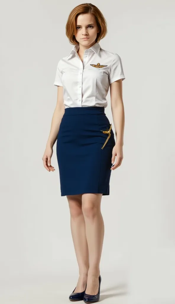 Head to toe picture of Hermion grenger.short hair.flight attendant.high heels.