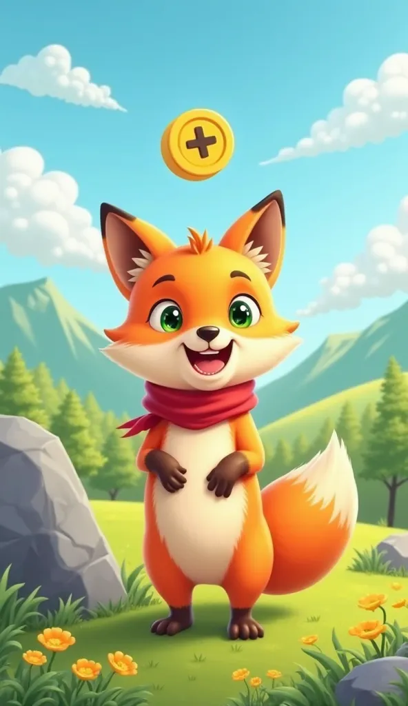 Image is a digital illustration featuring a cartoon-style fox character set against a vibrant outdoor background. The fox is anthropomorphic, standing upright with a cheerful expression, large green eyes, and a wide smile. It has bright orange fur with a l...