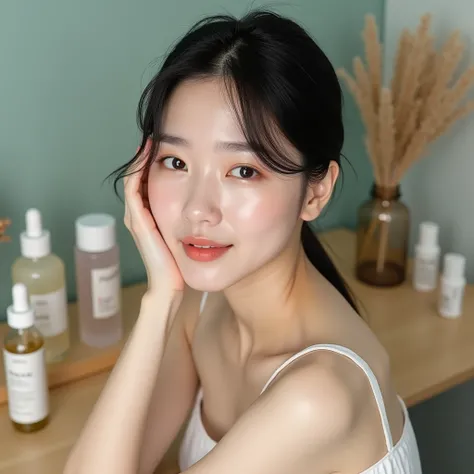 Create a Korean woman with clear and beautiful skin. In the background, there will be a table with skin care products and serums.