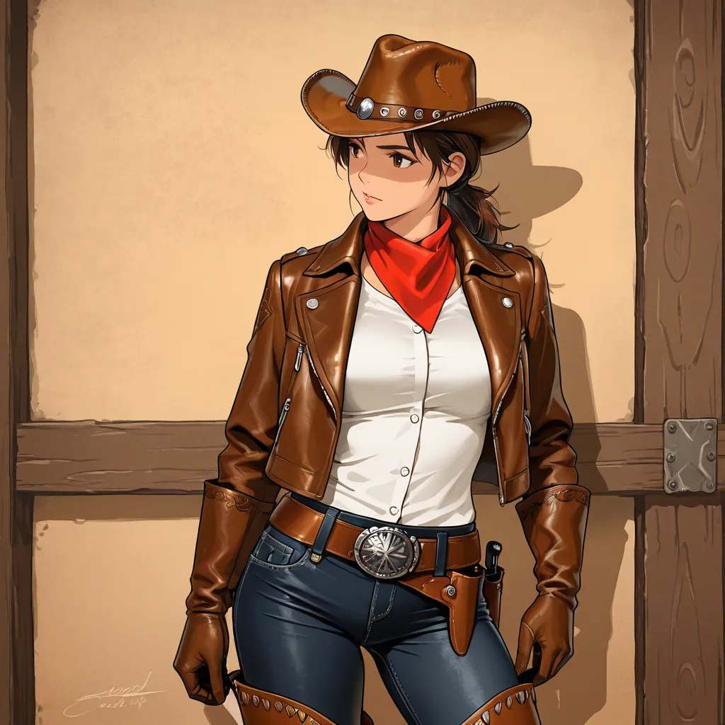 

cowboy hat: A classic cowboy hat in brown, slightly inclined to give it a confident and adventurous air.

brown leather jacket:  tight to the body , with silver buttons that give it a rustic yet elegant touch.

Red handkerchief: Tied around the neck, pro...