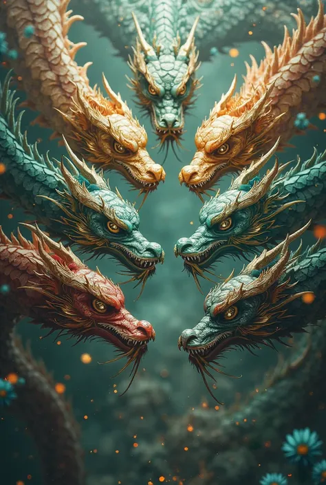 9 Asian dragon heads facing in front of the screen