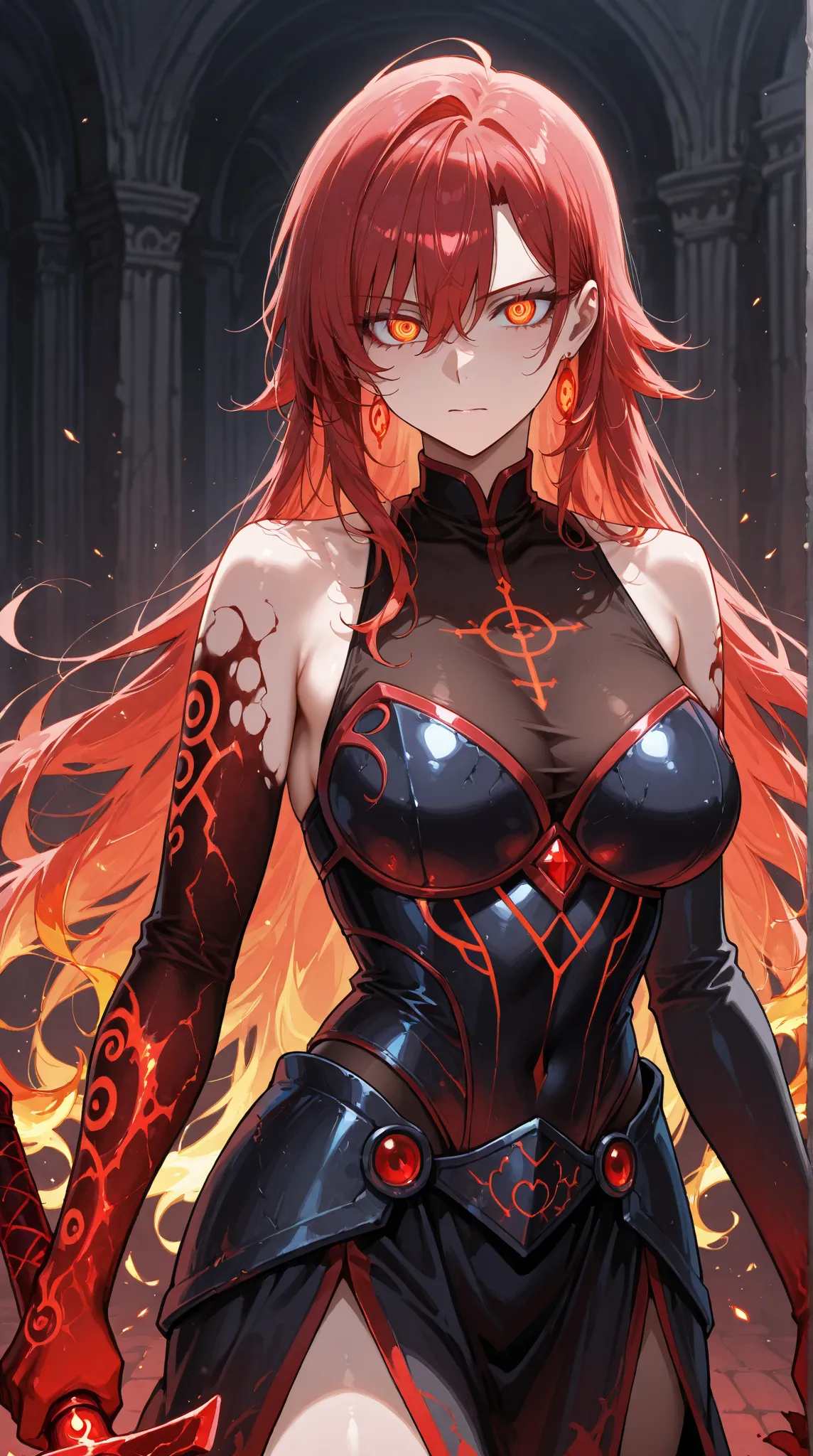 A crimson-haired sorceress stands before me, her fiery locks and blazing eyes piercing through the darkness. She wears ominous black-red armor adorned with eerie red runes, its surface etched with the signs of blood magic. A sword with a crimson haze clutc...