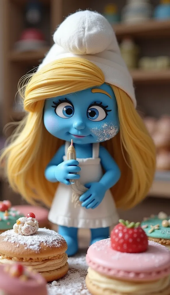 In a cozy little bakery in the middle of There is an enchanting Smurfette with her typical blue skin and the long, golden hair, that playfully under her white Peeping out the baker's cap. She is wearing a cute white apron, that is already dusted with flour...