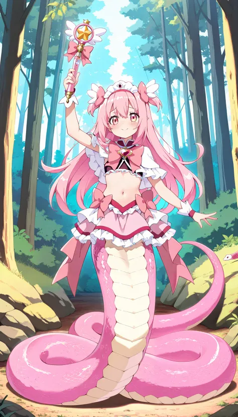 (  masterpiece),  ( best quality ),(Full Five Fingers),  1 girl, pink hair,Magical Girl, alone,粉色Magical Girl装,full body photo,headdress, Smile,shy, holding a magic wand , Very Beautiful,Ridiculous, Latest, Lamia, Pink Snake Tail ,(forest:1.2),seabed,no le...