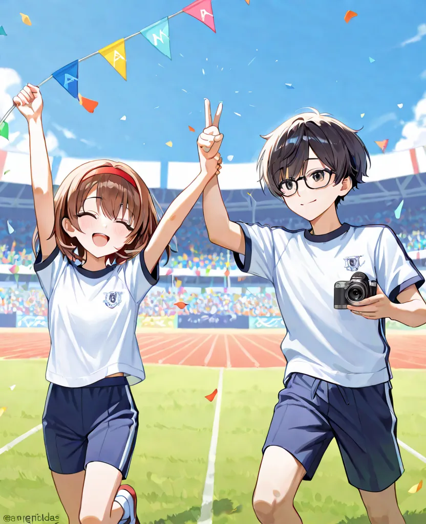 A heartwarming scene at a school sports festival: twin elementary school siblings, a boy and a girl, energetically running a race on a sunny day. They wear matching athletic uniforms and red headbands, their faces full of determination. On the sidelines, a...