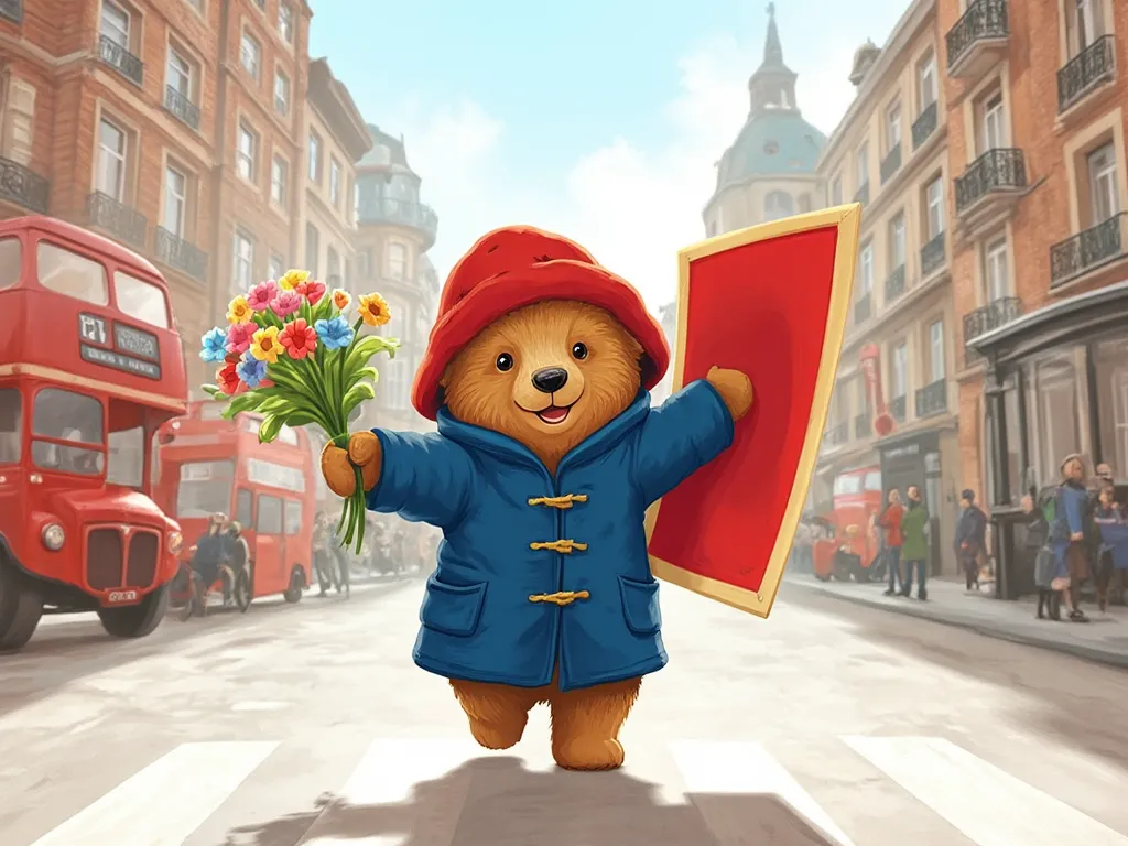  medium plan, Front view. cartoon style. Paddington bear walks joyfully down London streets and smiles. A bouquet of flowers in one paw, big red poster in the other paw