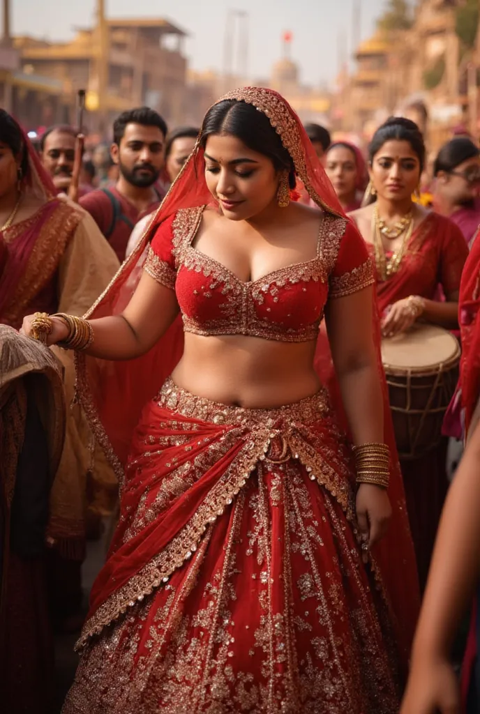 (masterpiece, best quality:1.2), A sexy thick girl, with a curvy waist, Amidst a grand wedding procession, the bride is dressed in a luxurious red and gold lehenga with a fitted half-sleeve blouse that shows off her toned midriff and delicate navel. Her br...