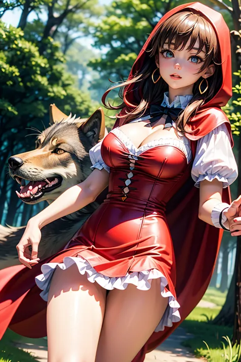 A beautiful girl in a red cape walking in a forest, anime girl, 1 girl, (20 years old girl), (aged up), forest, wolf, (wolf in background), dynamic angle, bright eyes, (realistic eyes: 1.2), (beautiful eyes: 1.2), glossy lips, parted lips, earrings, (detai...