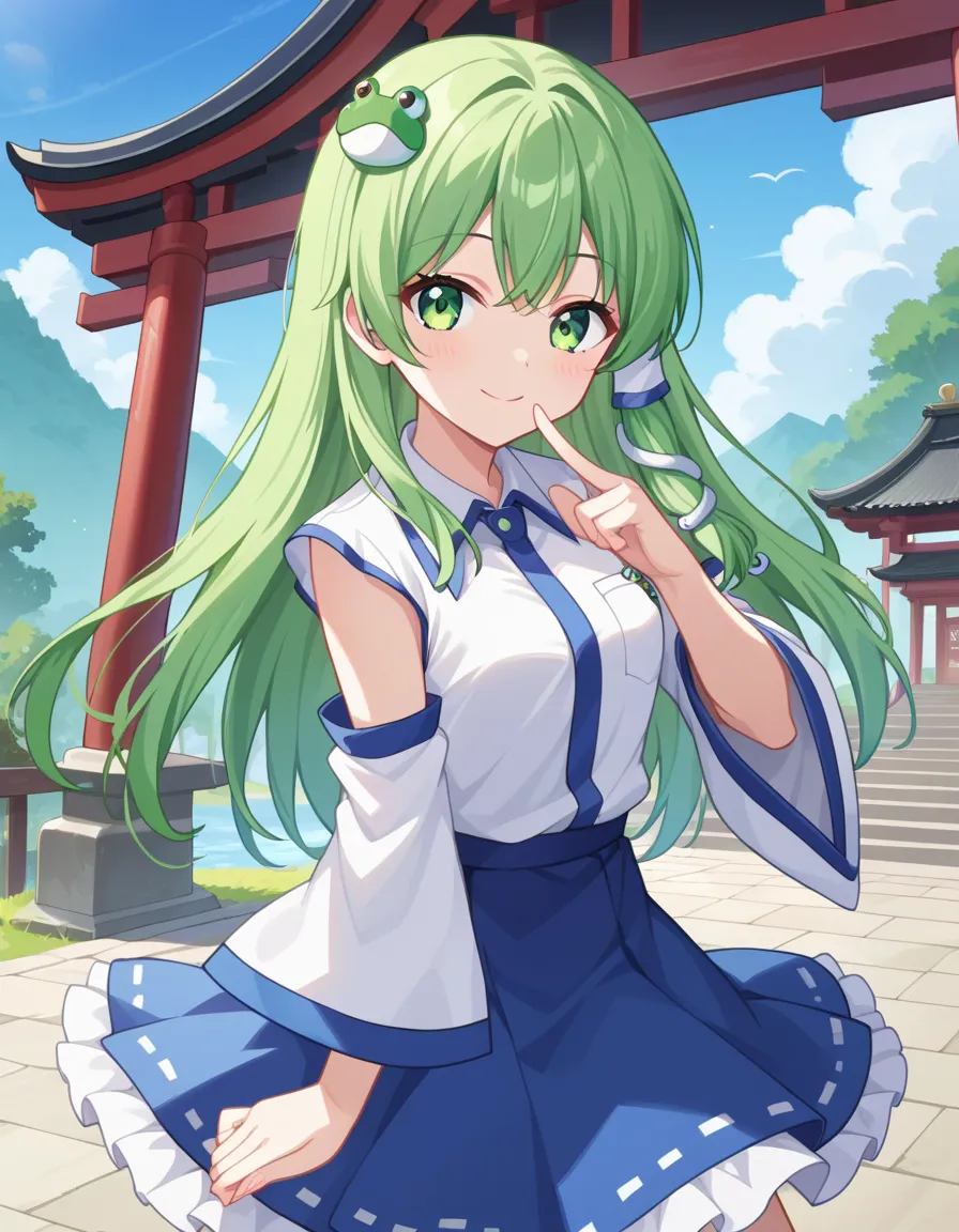 score_9, score_8_up, score_7_up, source_anime,absurdres, highres, masterpiece, best quality, amazing quality, official anime artwork, screencap, anime screencap, outdoors, looking at viewer, light smile, moriya shrine, day, kochiya sanae, 1girl, solo, gree...