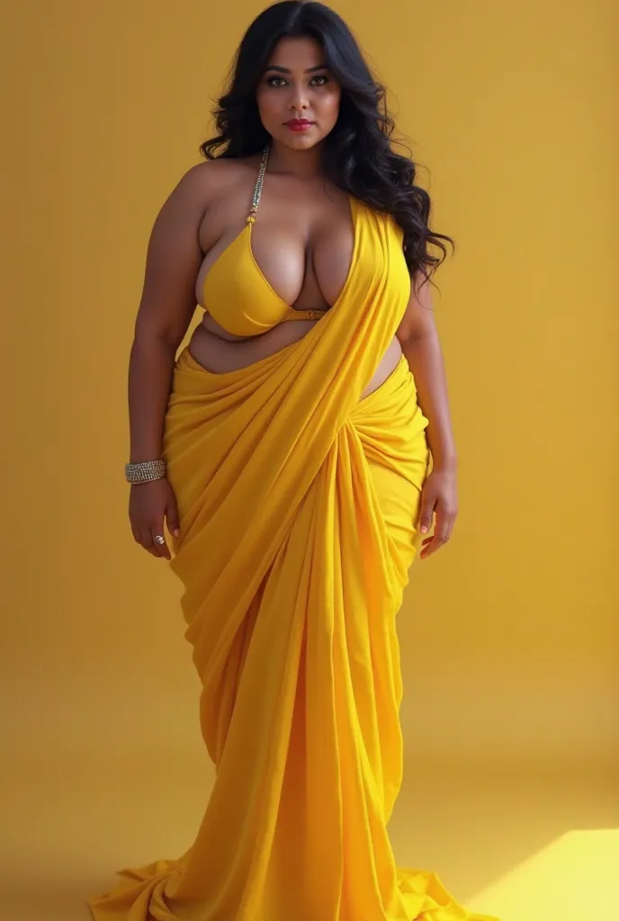 Draw a  curvy woman wearing yellow saree without blouse, saree half cover her belly and fully exposed her big boobs with tight brown nipples full nudes